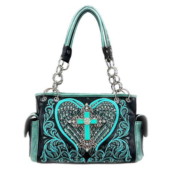 ZZFAB Rhinestone Angel Wing & Cross Western Handbag Turquoise