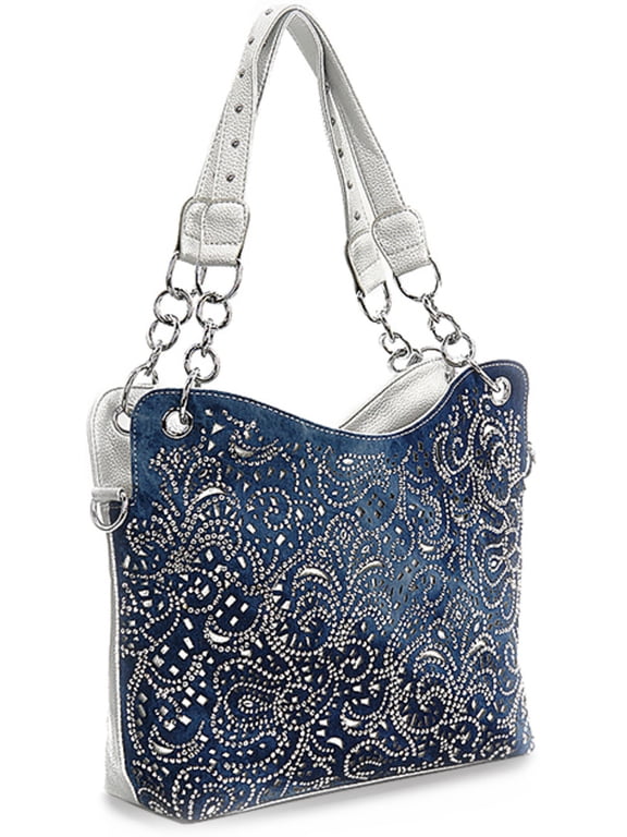 Rhinestone Purse Double Chain Handles Laser cut Bling Purse Blue