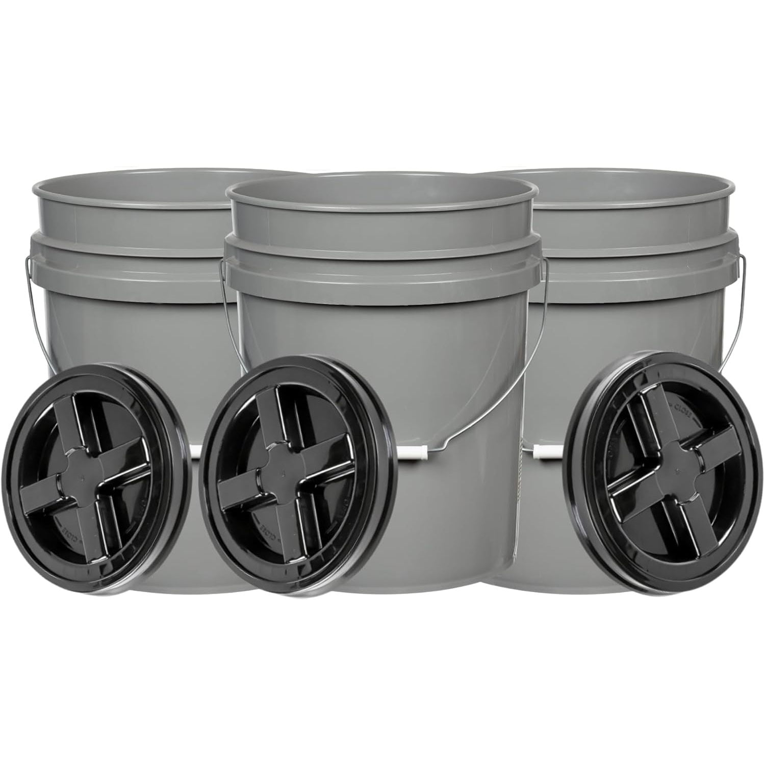 ZZFF 5 Gallon Grey Food Grade Bucket with Black Screw on Lid, BPA Free Container (Pack of 3) Made in USA