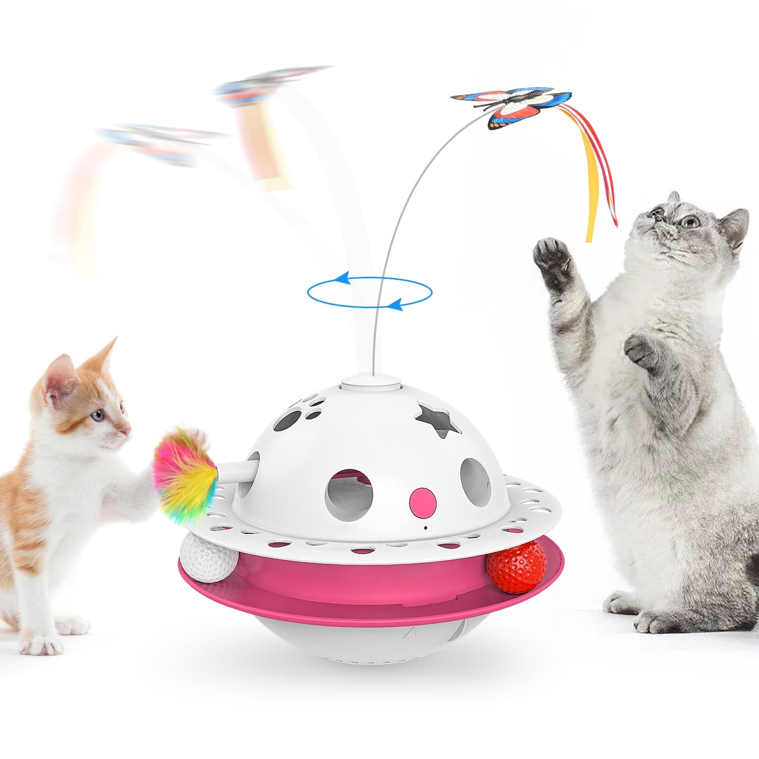 ZZHY Direct 3-in-1 Interactive Cat Toy with Fluttering Butterfly, Ambush Feather & Balls - Automatic Electric Tumbler, Dual Power, Auto on/off for Indoor Cats