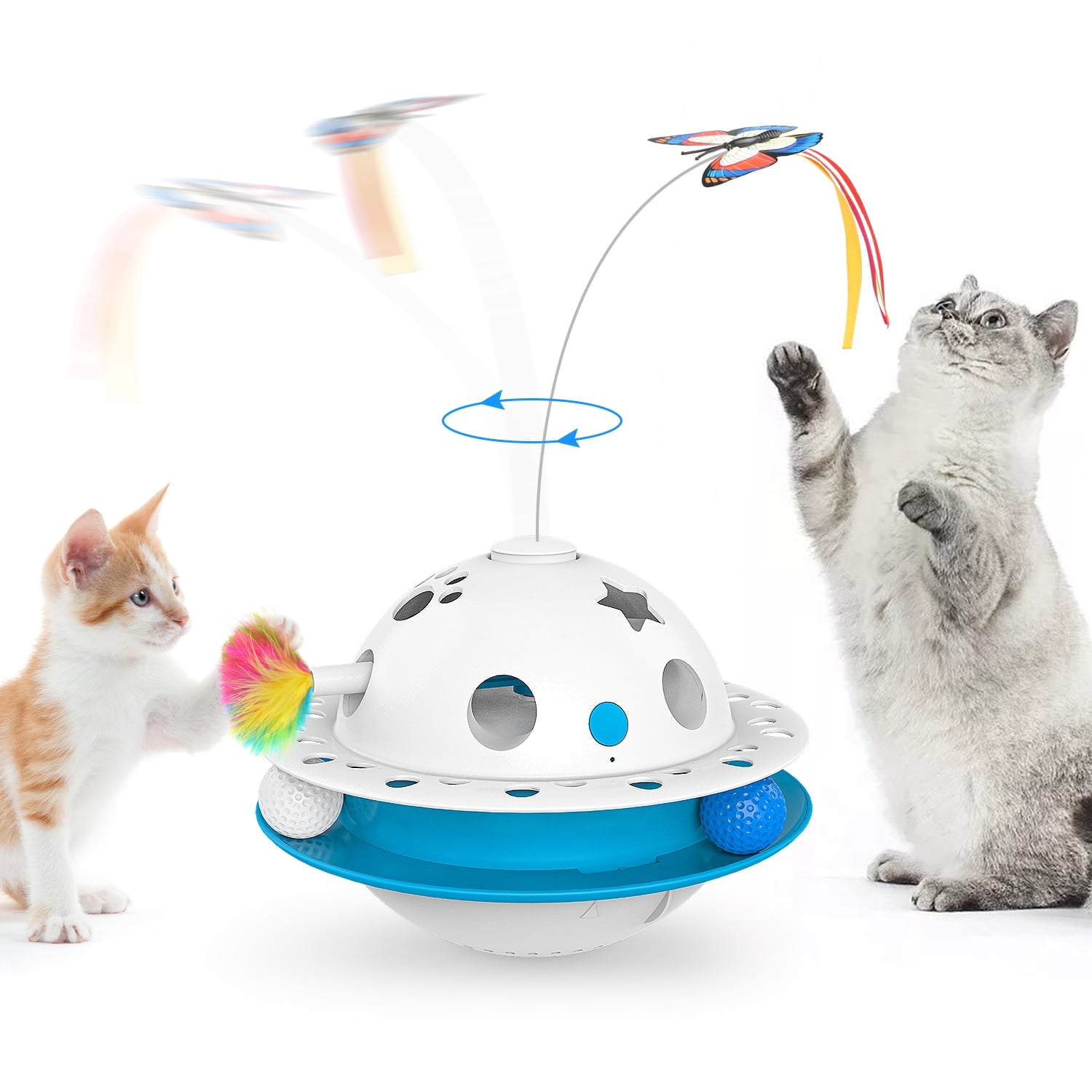ZZHY Direct 3-in-1 Interactive Cat Toy with Fluttering Butterfly, Ambush Feather & Balls - Automatic Electric Tumbler, Dual Power, Auto on/off for Indoor Cats