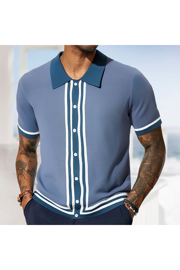 4Th of July Baggy Shirts for Men European Color Blocked Striped Lapel Cardigan Men Casual Loose Trend Foreign Trade Business Short Sleeved Shirt 4Th of July White Linen Shirt Men Xl