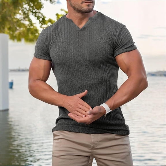 ZZHZGZ 4Th of July Big and Tall Shirts for Men Men's Summer Sports Fitness and Leisure Stripe Elastic Stripe V Neck Short Sleeved T Shirt 4Th of July Oversized Tshirts for Men S