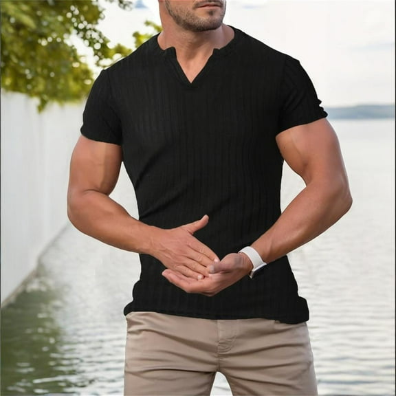 ZZHZGZ 4Th of July Big and Tall Shirts for Men Men's Summer Sports Fitness and Leisure Stripe Elastic Stripe V Neck Short Sleeved T Shirt Fourth of July Oversized Gym Shirts for Men Xl