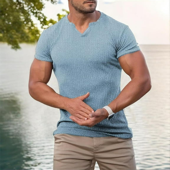 ZZHZGZ 4Th of July Big and Tall Shirts for Men Men's Summer Sports Fitness and Leisure Stripe Elastic Stripe V Neck Short Sleeved T Shirt Late July Oversized Gym Shirts for Men L