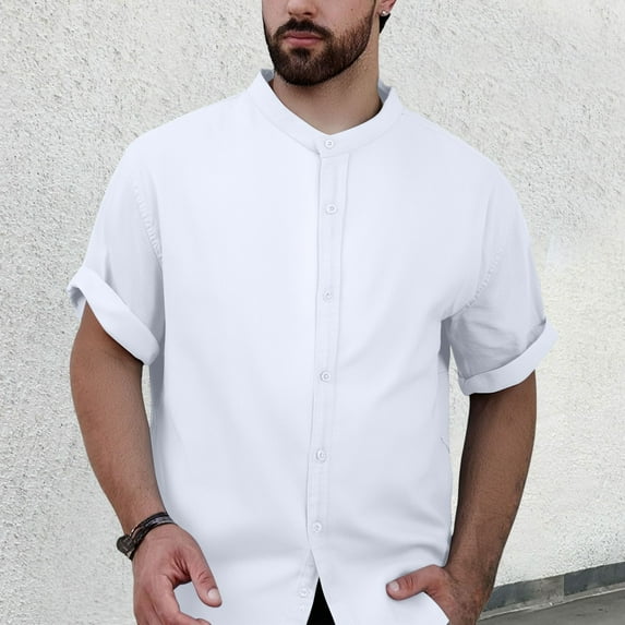 ZZHZGZ 4Th of July Camisas Para Hombres Men's Summer Thin Linen Short Sleeved Shirt Men's Casual Solid Color Linen Stand Collar Shirt Men's Breathable Linen Top Late July Red Button down Shirt Men L