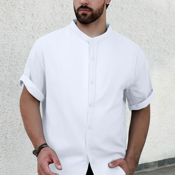 ZZHZGZ 4Th of July Camisas Para Hombres Men's Summer Thin Linen Short Sleeved Shirt Men's Casual Solid Color Linen Stand Collar Shirt Men's Breathable Linen Top 4Th of July Red Dress Shirt Men M