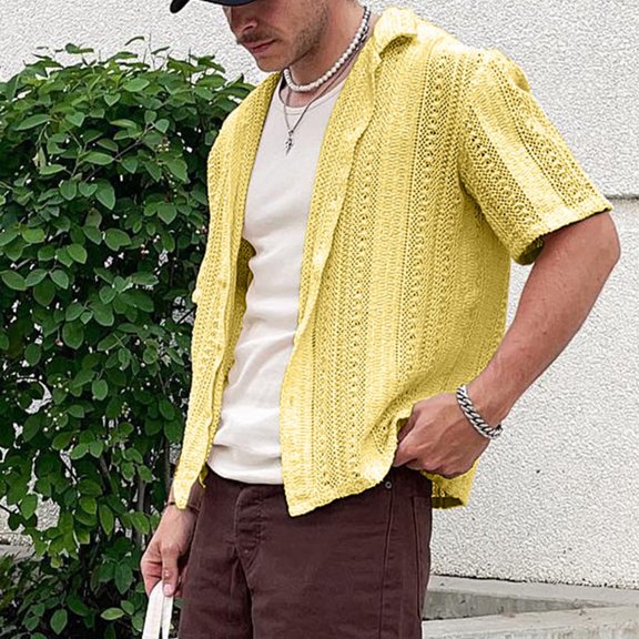 ZZHZGZ 4Th of July Jean Shirt for Men Men's Casual Knit Cardigan Summer Cool Hollow Short Sleeve Men's Shirt Solid Color Men's White Top Late July Mens Dress Clothes S