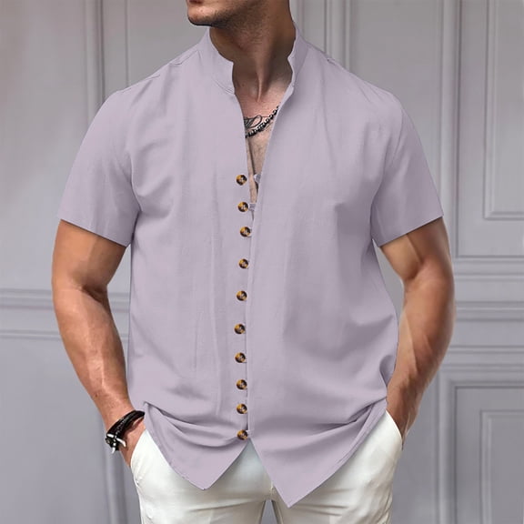 ZZHZGZ 4Th of July Mens T-Shirts Graphic Tees Men Solid Color Retro Linen Button up Cardigan Stand up Short Sleeved Shirt European and Casual Loose Fashion Top 4Th of July Mens Pocket T Shirts S