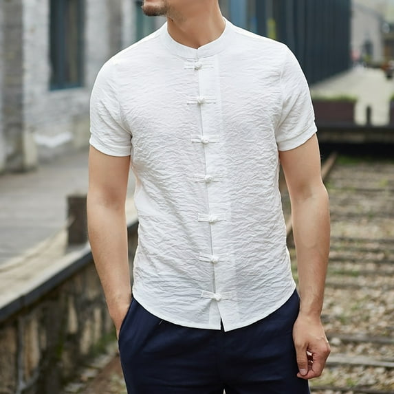 ZZHZGZ 4Th of July Mens White Linen Shirts Men's Linen Chinese Clothing Tang Suit Short Sleeve Shirt for Men Fourth of July White Shirt Men Slim fit Xxl