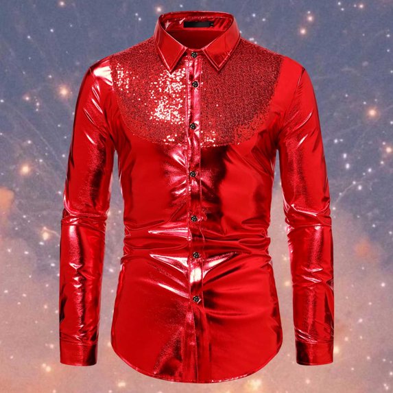 ZZHZGZ 4Th of July Slim fit T Shirts for Men Men's New Fall Fashion Color Collision Sequins Disco Shirt Men's Long Sleeved Shirt Fourth of July Mens Dress Shirts Xxl
