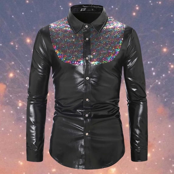 ZZHZGZ 4Th of July Slim fit T Shirts for Men Men's New Fall Fashion Color Collision Sequins Disco Shirt Men's Long Sleeved Shirt Fourth of July Tie Dyed T-Shirts for Men Cotton L