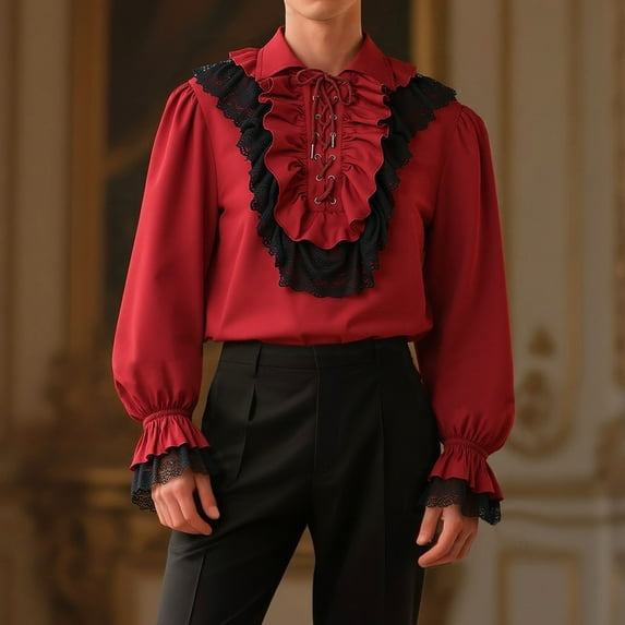 ZZHZGZ 4Th of July Tie Dye Shirts for Men Men's Long Sleeve Ruffled Drawstring Neckline Shirt for Stage Show Performance Comfortable Formal Dress Shirt Xxl