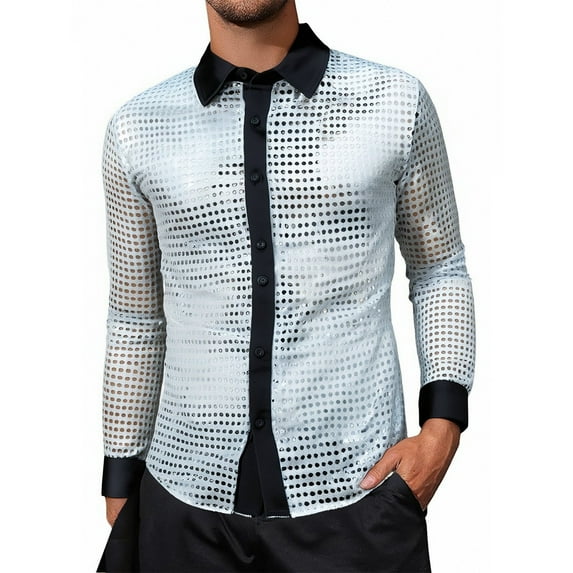 ZZHZGZ 4Th of July White Slim fit Dress Shirts for Men Men's Loose fit Sequin Shirt with Collar Plus Size Casual Blouse for Parties and Events 4Th of July Linen T Shirts for Men Xxxl