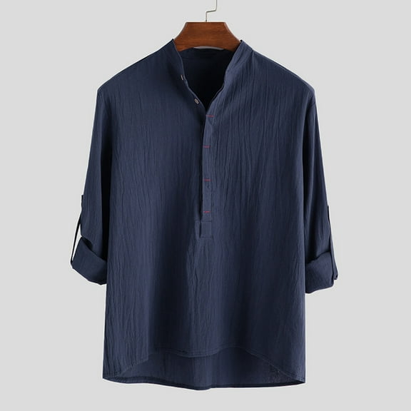 ZZHZGZ 4Th of July Mens Shirt Male Stand Collar Casual Solid Long Sleeve Linen Shirt Button Shirt Fourth of July Mens T-Shirts Xl