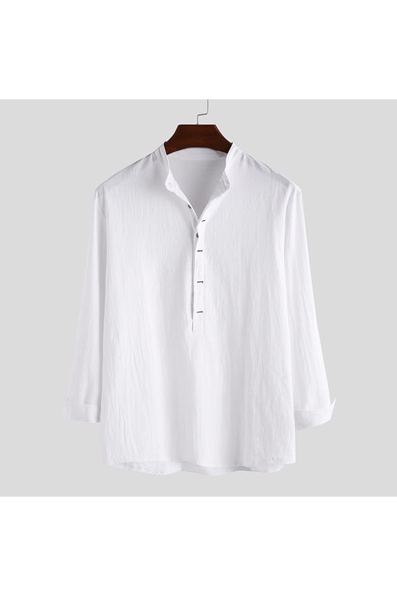 4Th of July Mens Shirt Male Stand Collar Casual Solid Long Sleeve Linen Shirt Button Shirt Late July Shirts for Men M