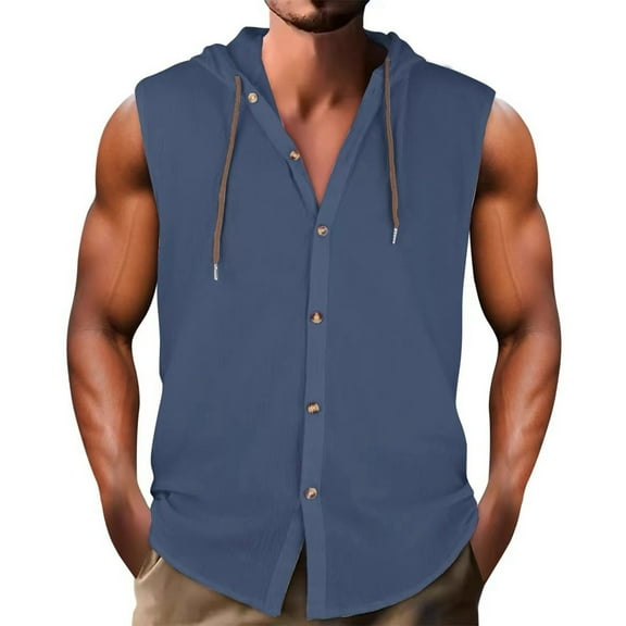 ZZHZGZ Fourth of July Denim Button down Shirt Men Male Sleeveless Shirt Summer Casual Button Hooded Hawaii Sleeveless Shirts Late July Mens White Button up Shirt Xxxl