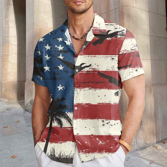 ZZHZGZ Fourth of July Linen Beach Shirts for Men Men Shirts for Casual Wear Slim fit Independence Day for Summer Ideal Pairing with Casual Pants for Everyday Use L