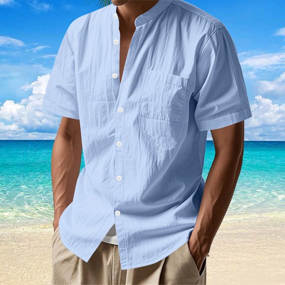 ZZHZGZ Fourth of July V Neck Men's Casual Short Sleeve Linen Button down Shirt Relaxed fit Breathable Comfortable Stylish Daily Wear Vacation Beach Outing 4Th of July Denim Shirts for Men L