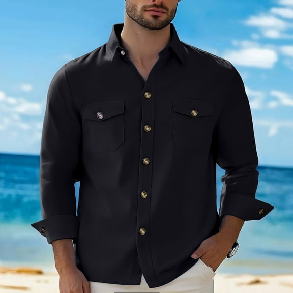 ZZHZGZ Fourth of July White T Shirts for Men European Solid Color Double Pocket Cardigan Washed Water Knot Men Casual Loose Business Trend Long Sleeved Shirt for Foreign Trade M