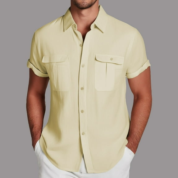 ZZHZGZ Fourth of July White T Shirts for Men Male Casual Solid Top Shirt Double Pocket Short Sleeve Elegant Turn down Shirt Button Formal Shirt 4Th of July Mens Dress Shirts Xxxxl