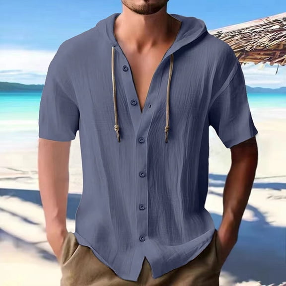 ZZHZGZ Fourth of July Yellow T Shirt Male Short Sleeve Shirt Summer Casual Button Hooded Hawaii Short Sleeve Shirts Fourth of July Mens White Linen Shirt S