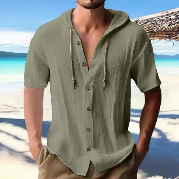 ZZHZGZ Fourth of July Yellow T Shirt Male Short Sleeve Shirt Summer Casual Button Hooded Hawaii Short Sleeve Shirts Late July Mens White Linen Shirts Xxxl