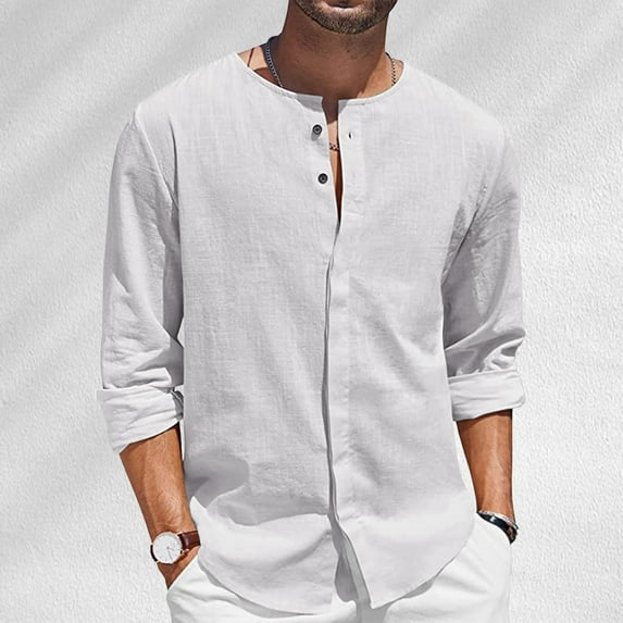 ZZHZGZ Fourth of July Mens V Neck Shirts Mens Summer Linen Shirt Long Sleeve T Shirt Button Casual Beach Shirt Late July White Shirt Men Slim fit M