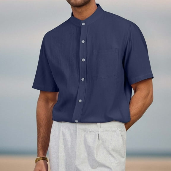 ZZHZGZ Late July Flannel Shirt for Men Men's Casual Short Sleeve Linen Shirt Breathable Comfortable Summer Spring Relaxed fit Stand Collar Daily Work Outing Fourth of July Jeans Shirt for Men M