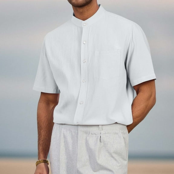 ZZHZGZ Late July Flannel Shirt for Men Men's Casual Short Sleeve Linen Shirt Breathable Comfortable Summer Spring Relaxed fit Stand Collar Daily Work Outing M