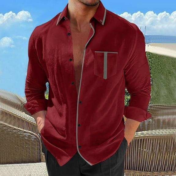 ZZHZGZ Late July Graphic Shirts Men's Long Sleeve Lapel Shirt Casual Patchwork Holiday Cardigan Shirts Tops Fourth of July Long Sleeve Shirts for Men M