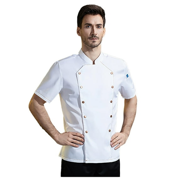 ZZHZGZ Late July Long Sleeve Linen Shirt Men Chefs Jacket Unisex Chefs Clothing Hotel with Long Sleeves and Contrasting Red Buttons Chefs Jacket for Men & Women 4Th of July Camisas Para Hombres Xl