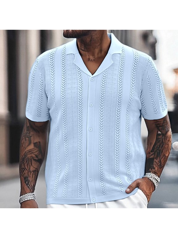 Late July Long Sleeve Linen Shirt Men European Solid Color Striped Hollow Knitted Shirt for Men Casual Loose Comfortable Trendy Business Foreign Trade Lapel Short Sleeved Shirt L