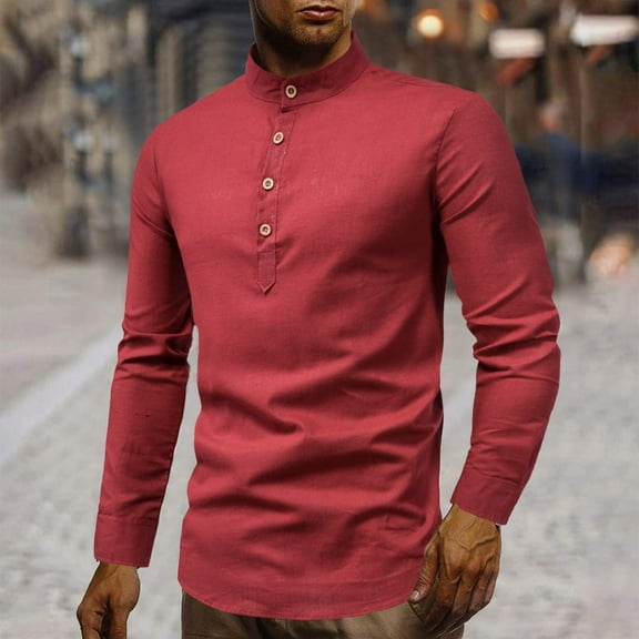ZZHZGZ Late July Men Red Dress Shirt Men's Casual and Linen Solid Color Stand-up Collar Long-Sleeved Shirt 4Th of July Oversized Gym Shirts for Men Xxxl