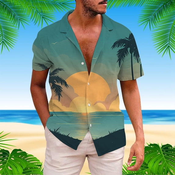 ZZHZGZ Late July Mens Denim Shirts Long Sleeve Men's Coconut Tree Short Sleeve Shirt Summer Casual 3D Printing Hawaii Short Sleeve Shirts Tops 4Th of July Mens Fitted Tshirts M