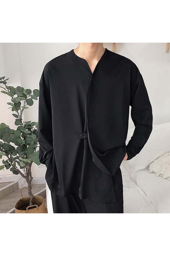 Late July Mens White Button up Shirt Male Autumn Casual Loose Irregular Shirt Collarless Long Sleeve Shirt Blouse Fourth of July Mens Pocket T Shirts Xl