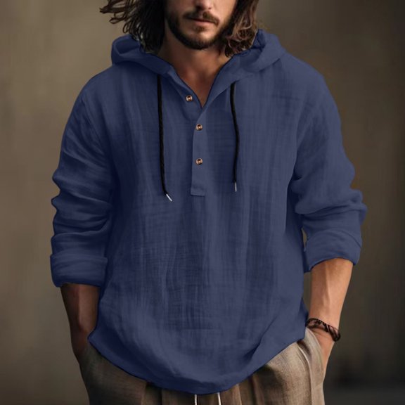 ZZHZGZ Late July Purple Button down Shirt Men Men's Casual Linen Hooded Shirt Long Sleeve Button up T Shirt Comfortable Beach Yoga School Party Wear Basic Solid Color Top for All Seasons S