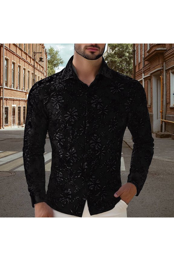 Late July Red Mens Dress Shirt European Solid Color Lapel Button Cardigan Men Casual Loose Comfortable Trendy Foreign Trade Business Embossed Floral Long Sleeved Shirt S