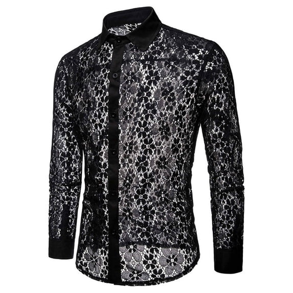 ZZHZGZ Late July Tshirts Shirts for Men Men's Pure Color Fashion Full Lace Club Hollow Long Sleeves Lapel Shirt Fourth of July T Shirts for Men Graphic L