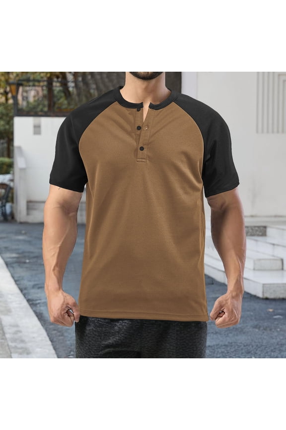 Mens 4Th of July Shirt Men T Shirts European Color Blocked Button Open Neck Pineapple Grid Raglan Sleeves for Men Casual Loose Trendy Foreign Trade Sports Business Short Sleeved T Shirt M