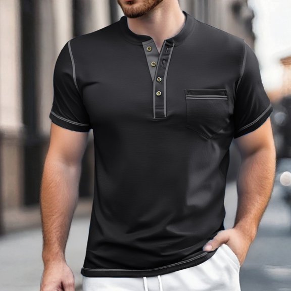 ZZHZGZ Mens 4Th of July Shirt Men T Shirts Pack European and Solid Color Button Open Neck Pocket Men's Casual Loose Foreign Trade Trend Business Short Sleeved T Shirt L