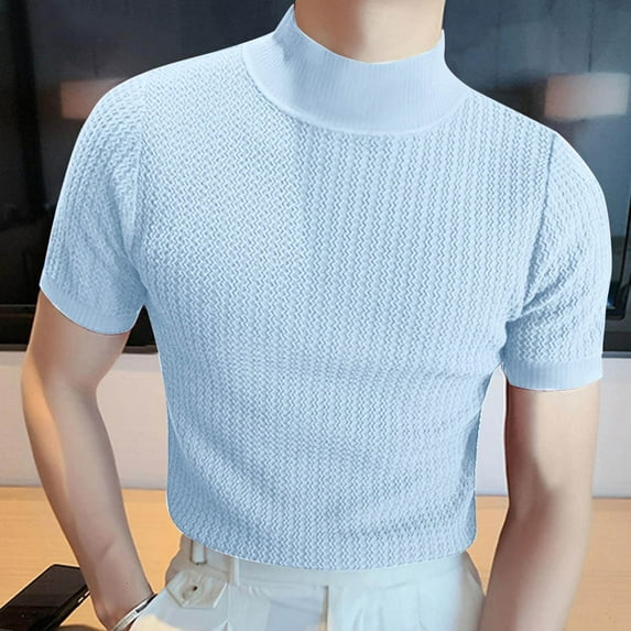 ZZHZGZ Mens 4Th of July Shirt Men T Shirts Male Spring and Summer Knitted High Neck Short Sleeve Solid Color Pleated Round Neck Casual T Shirt Top L