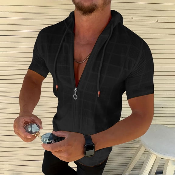 ZZHZGZ Mens 4Th of July Shirt Men T Shirts Mens Hooded Zipper Cardigan T Shirt Summer Fashion Plaid Sleeveless T Shirt Mens Lapel Top L