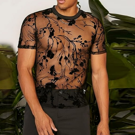 ZZHZGZ Mens 4Th of July Shirt Men T Shirts Pack Male Spring and Summer Thin Floral Flocked Sexy Round Neck See Through Mesh Short T Shirt M