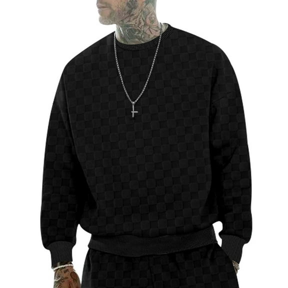 ZZHZGZ Mens 4Th of July Shirt Men T Shirts Pack Men's Heavy Jacquard Checkerboard Round Neck Casual Knitted Long Sleeve T Shirt Base S
