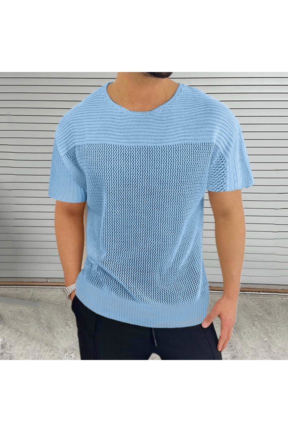 Mens 4Th of July Shirt Men T Shirts Pack Thin Hollow Knit Men's Crew Neck Short Sleeved Pullover Top Border Summer Slim Men's Wear L