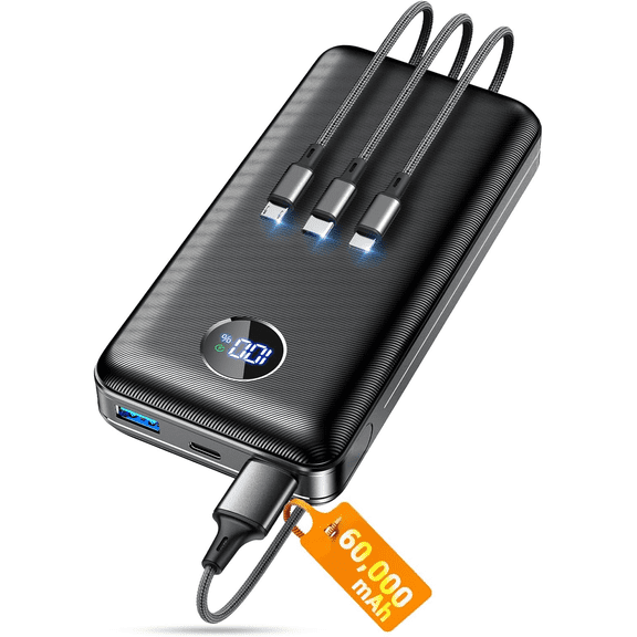 ZZI Portable Charger Power Bank 60000mAh, 22.5W PD Fast-Charge Battery Pack Charge 5 Devices, 3-Ports & 3 in 1 Cable, 60% in 30min, 10 times Compatible for iPhone, Fit All Cell Phone/Tablets,Camping