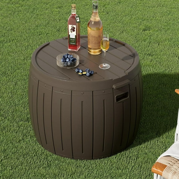 ZZM 33 Gallon Round Deck Box, Patio Side Table for Cushion, Picnic Bucket, Small Bench Seat, All-Weather & Portable, Brown
