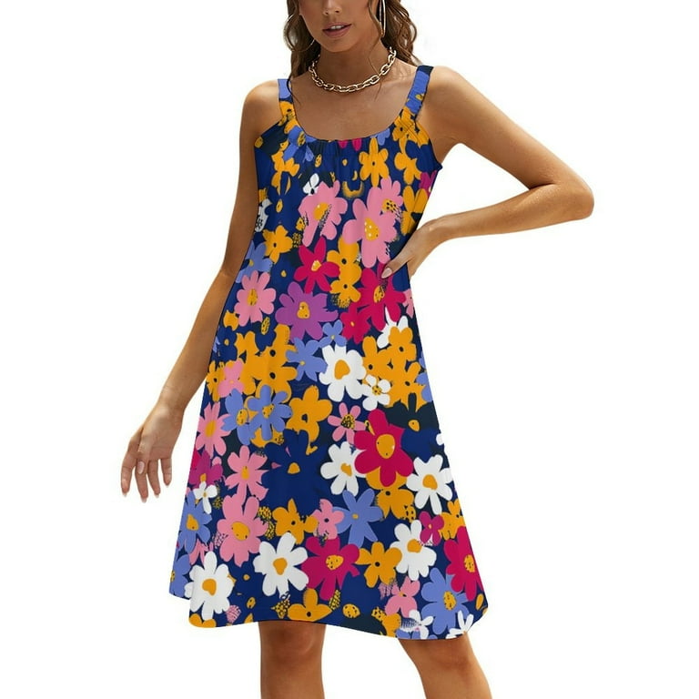 ZZMCR Bright Colorful Ditsy 292 Women Sleeveless Sundress Halter Dress Lightweight Summer Dress Loose Flowy Sundress for Summer Beach Travel Walmart