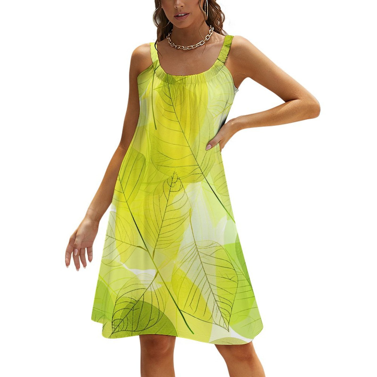 ZZMCR Lime Green Leaves973 Women Sleeveless Sundress, Halter Dress